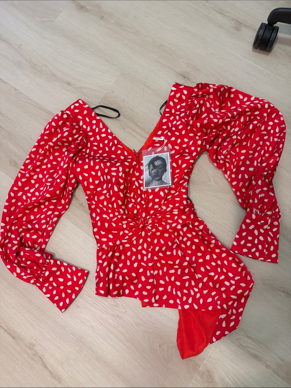 Self-Portrait Red Puff-Sleeve Peplum Blouse with White Spot Print
